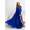Modré spoločenské šaty s krajkou a saténovou sukňou