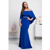 Modré dlhé spoločenské šaty spustené na ramená