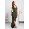 Olivové dlhé šaty s vysokým rozparkom