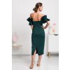 Smaragdové priliehavé midi šaty s volánmi