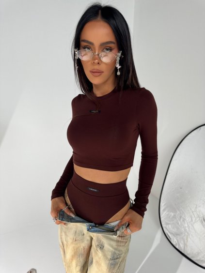 Priliehavý top s dlhým rukávom & tangá s vysokým pásom  Set top + tangá (kakao)