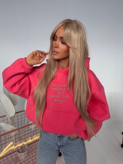 Oversize mikina BLOW UP s kapucňou a výšivkou - koralová  oversize strih, kapucňa, nastaviteľný spodok