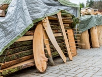 Holz aus Baumstämmen, die in Bretter geschnitten und getrocknet werden