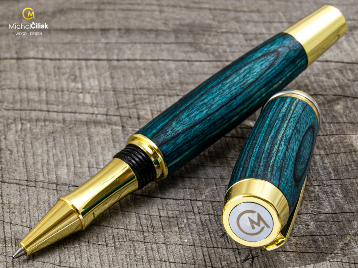 Exclusive und luxuriöse kugelschreiber von herausragender Qualität Blaues Holz - Burly goldfarbenen (Gravur Gravur des Stiftes und der Box (+25 €), Box Box aus Eiche (+39 €))