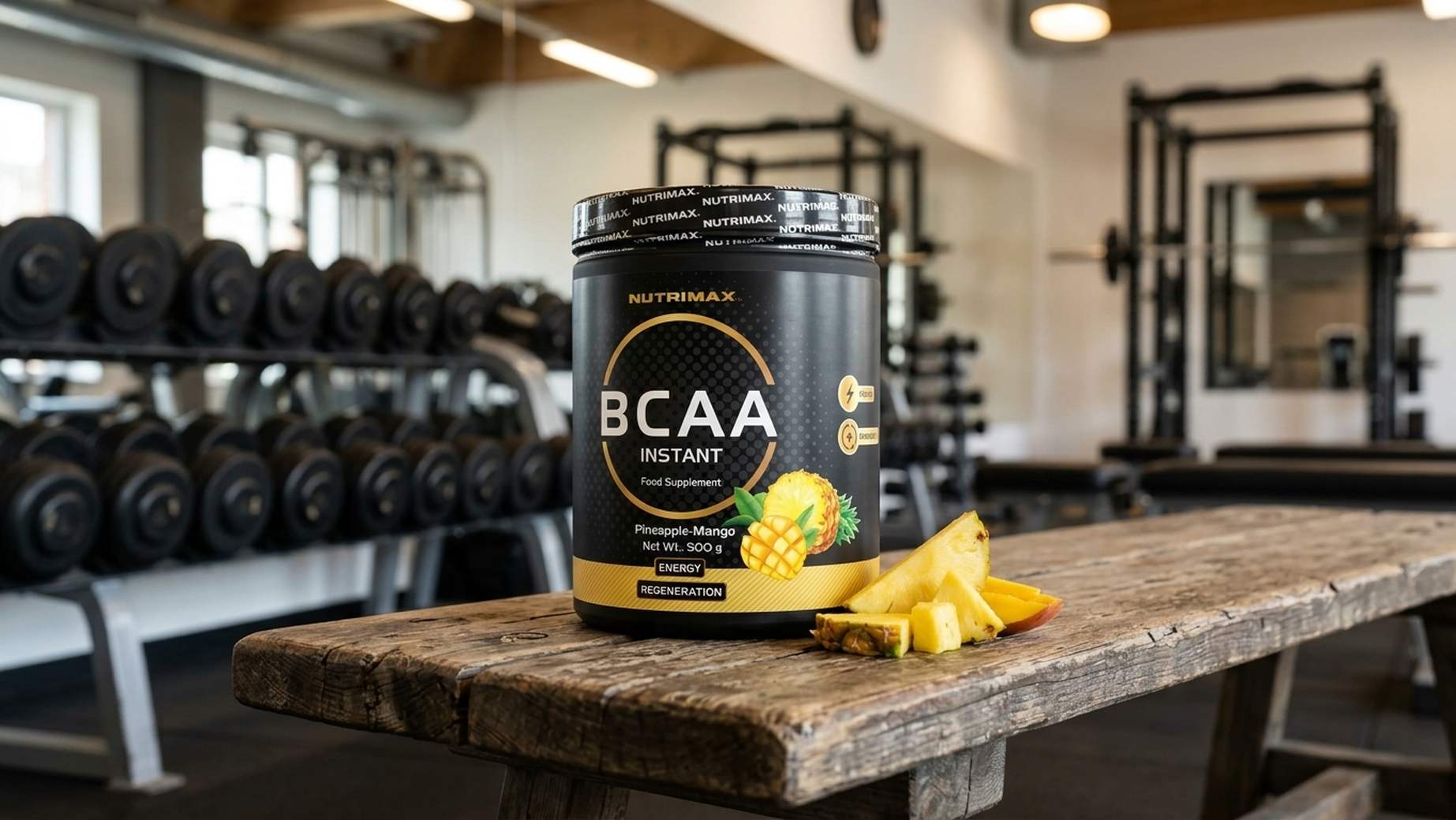 BCAA NutriMax 2:1:1 instant ananas a mango na dřevěné lavici v posilovně