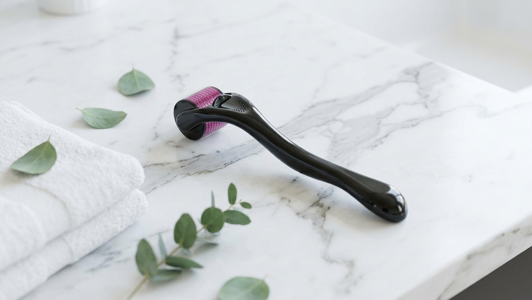 Derma roller s mikrojehličkami na bílém mramoru v koupelně s ručníkem a eukalyptem