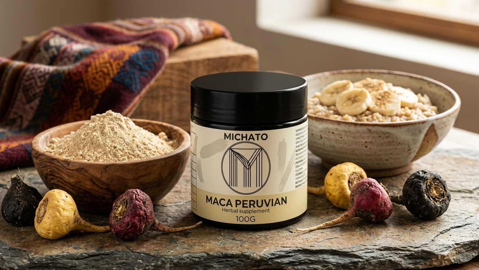 Maca peruánská prášek Michato s kořeny žluté, červené a černé macy a ovesnou kaší