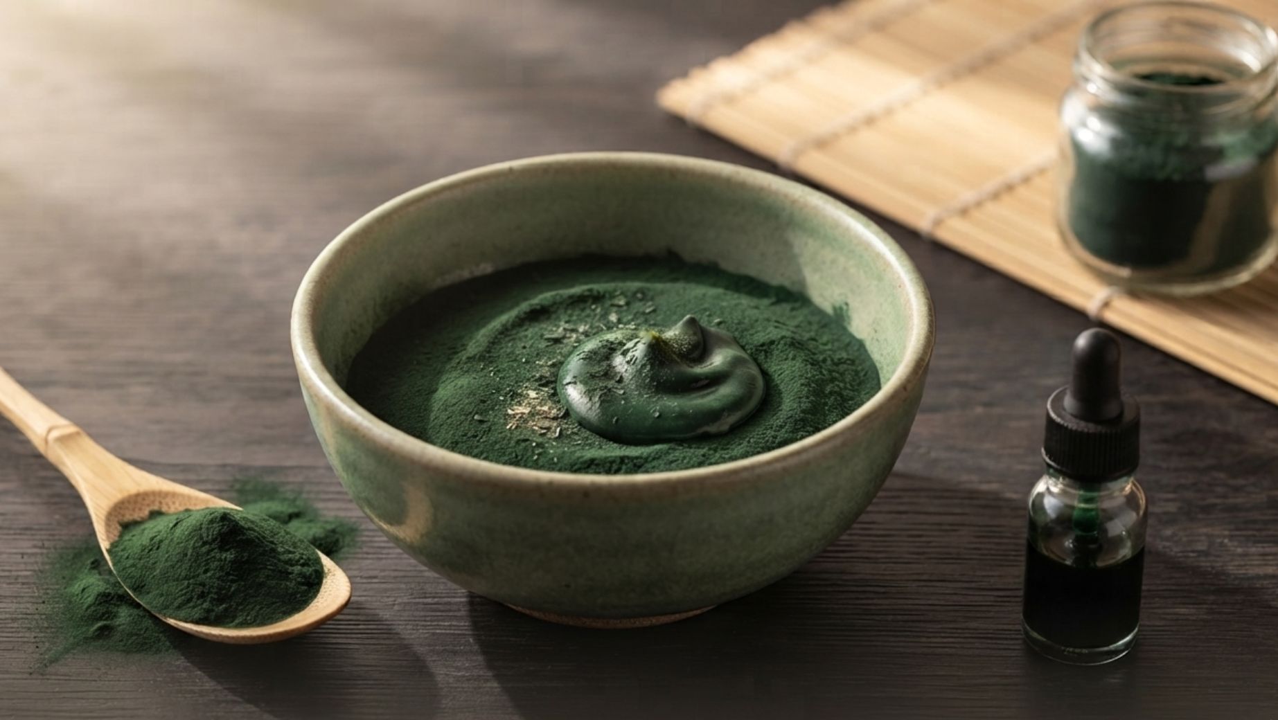 Prášek spiruliny v misce, doplněk stravy Michato Spirulina