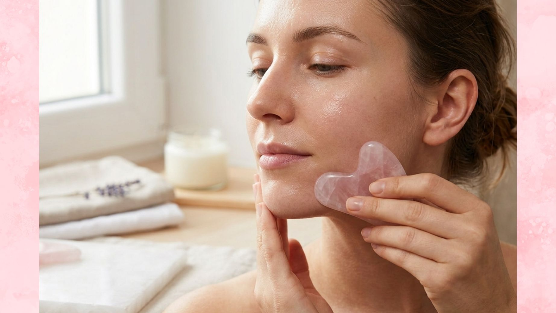 Masáž obličeje nefritovým gua sha kamenem proti otokům