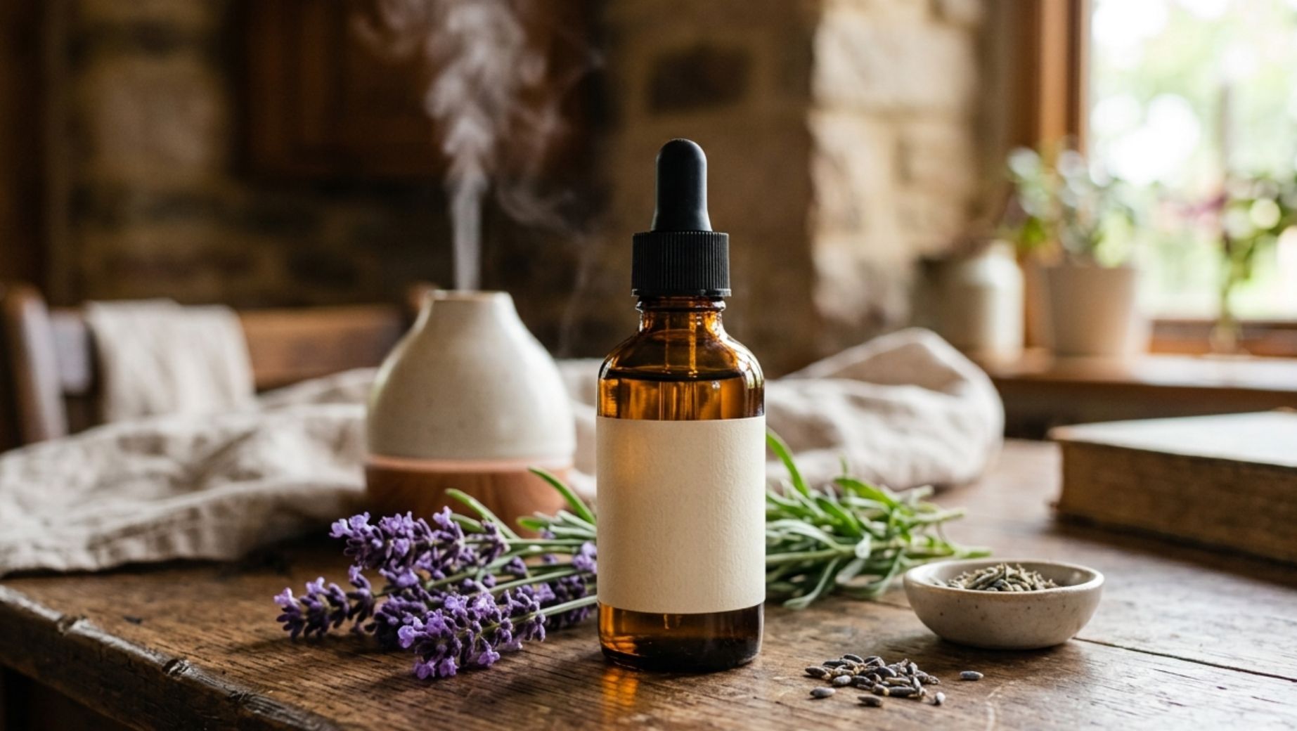 Lahvičky esenciálních olejů s levandulí a aroma difuzérem