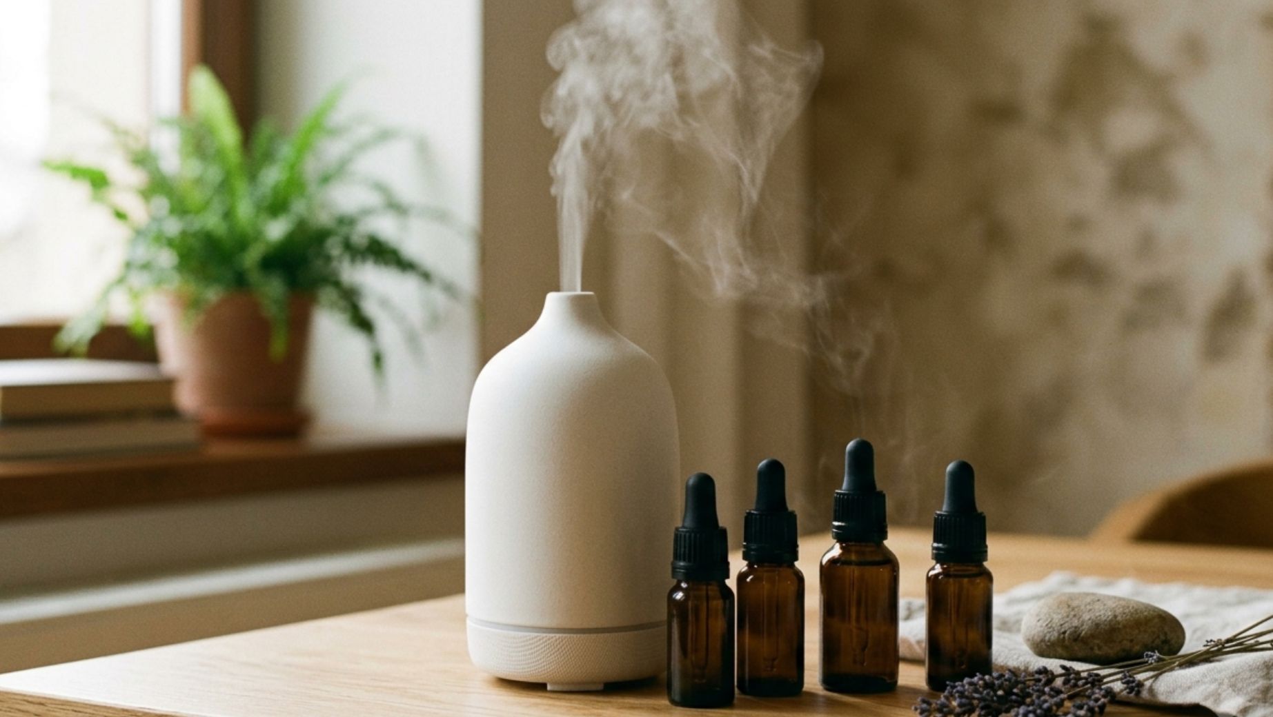 Aroma difuzér a lahvičky esenciálních olejů na okně