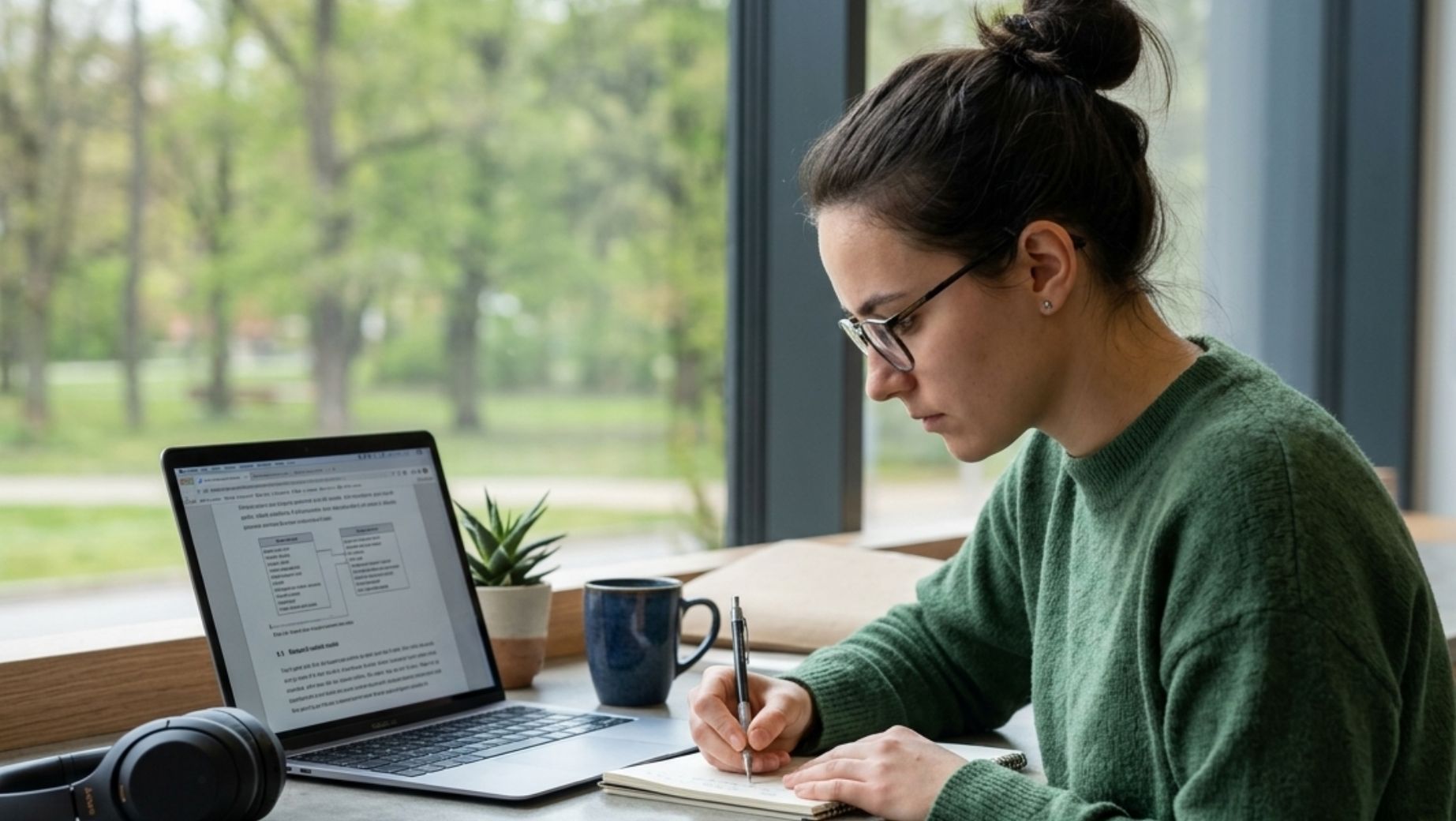 Žena soustředěně pracující u notebooku, energie a fokus