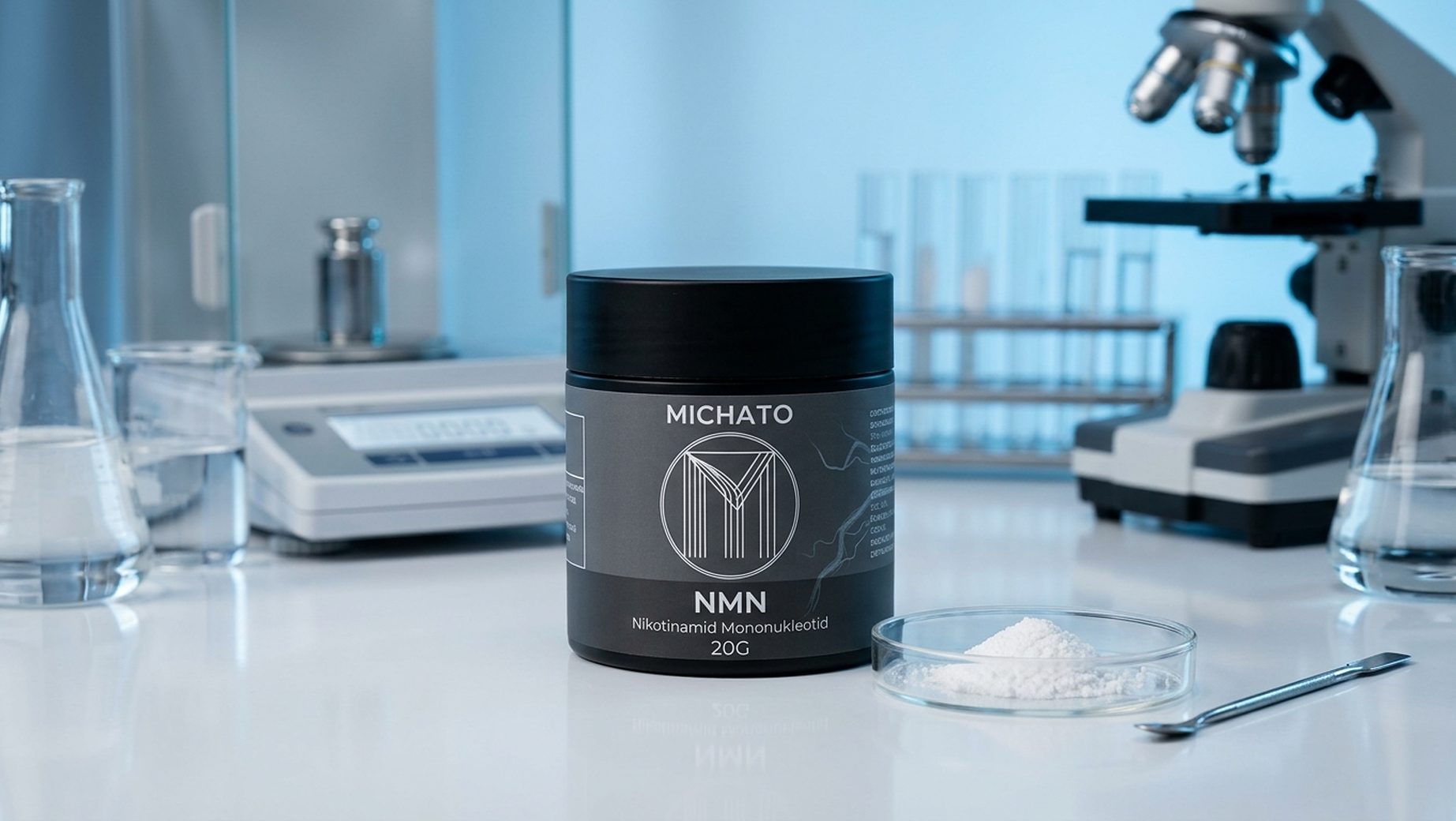 NMN nikotinamid mononukleotid Michato v laboratoři vedle digitální váhy a misky s práškem