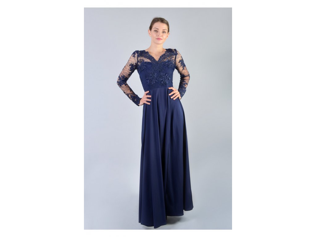Dlhé modré spoločenské šaty s dlhým rukávom 15886