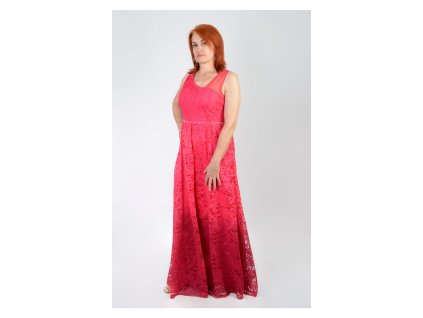 Dlhé ružové čipkované spoločenské šaty  14314