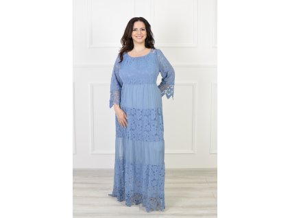 Dámske dlhé boho modré šaty s čipkou 18335