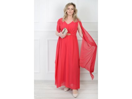 Dlhé červené šaty s aplikáciou a volánmi 18566