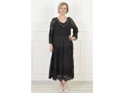 Dámske dlhé čierne čipkované šaty s dlhým rukávom 18738