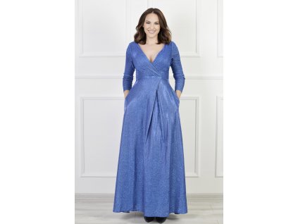Dlhé parížske modré ligotavé spoločenské šaty s dlhým rukávom 18804