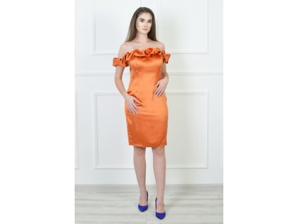 Krátke  spoločenské oranžové saténové puzdrové šaty 18983