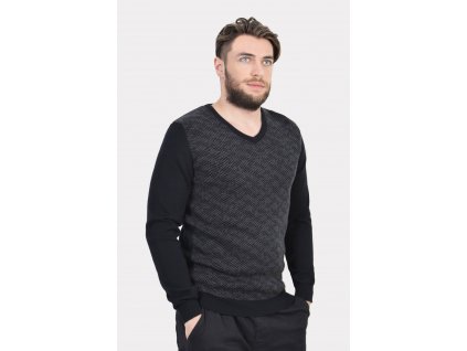 Pánsky čierny pulóver s výstrihom a jemným vzorom 19224