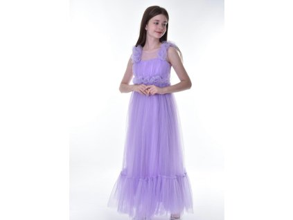 Dlhé fialové dievčenské šaty s riasením na ramienkach 19686