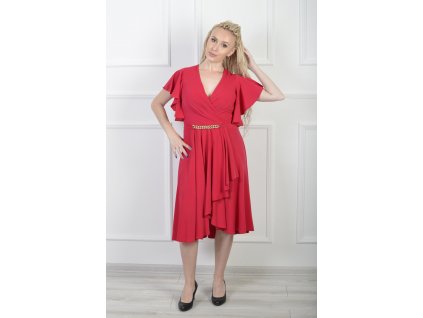 Dámske malinové šaty s volánovými rukávmi a opaskom 20023