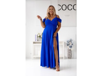 Dámske parížske modré šaty s odhalenými ramenami a rozparkom 20407