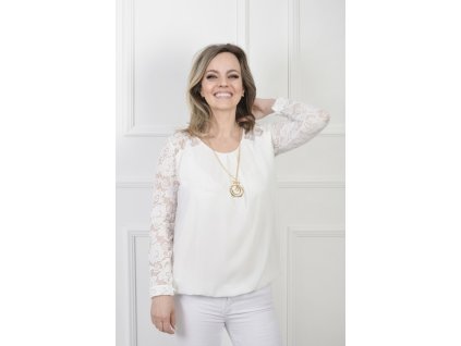 Dámska biela blúzka s dlhými čipkovanými rukávmi 20821