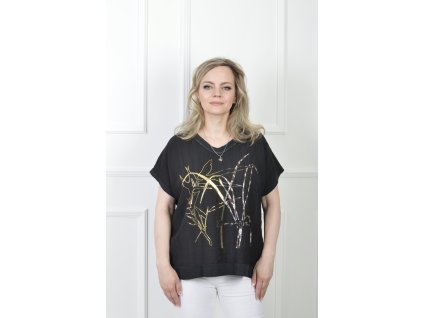 Dámske vzdušné čierne tričko so zlato-hnedým vzorom 21623
