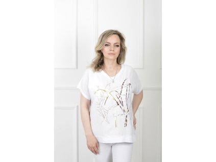 Dámske vzdušné biele tričko so zlato-hnedým vzorom 21622