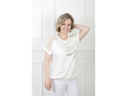Dámske krémové tričko so strieborno-zlatým vzorom 21612