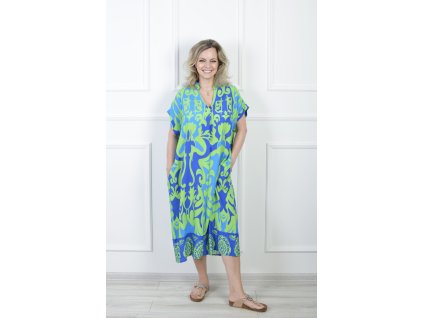 Dámske midi vzorované šaty modro-zelenej farby 22174