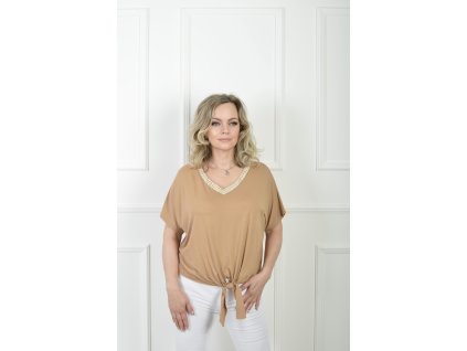 Dámske hnedé tričko s viazaním a krátkym rukávom 21962