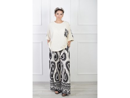 Dlhé široké nohavice krémovej farby s čiernym vzorom 21966