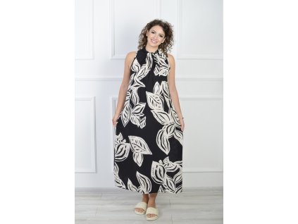 Dámske midi čierne šaty so vzorom krémových listov 22177