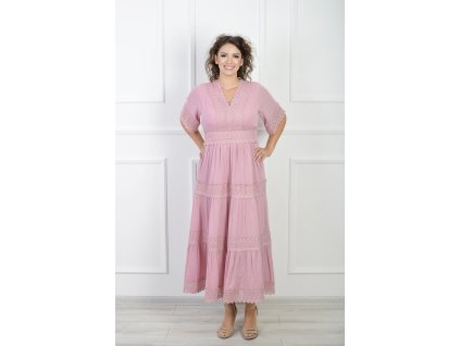 Dámske dlhé ružové šaty s krajkou 22094