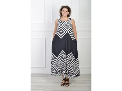 Dlhé dámske čierno-biele šaty so zaujímavým vzorom 22116