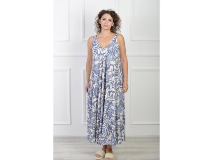 Dlhé letné bezrukávové krémovo-modré šaty so vzorom 22157