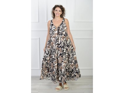 Dlhé letné bezrukávové krémovo-hnedo-čierne šaty so vzorom 22159