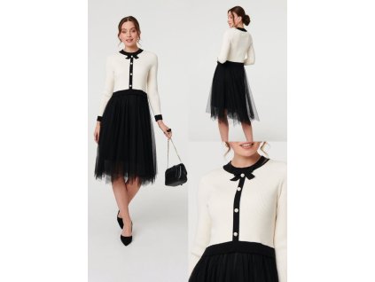 Dámske krémovo-čierne šaty s ozdobnými gombíkmi 22745