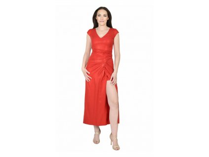 Dlhé červené jednofarebné spoločenské šaty s rozparkom  16483