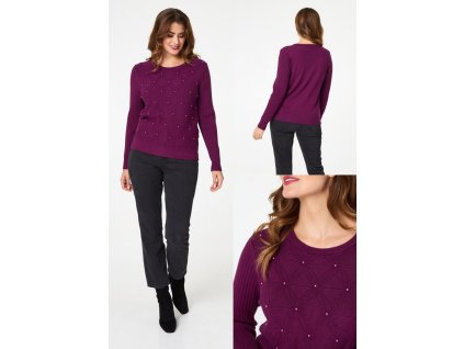 Dámsky pletený fialový pulóver s perličkami 22740