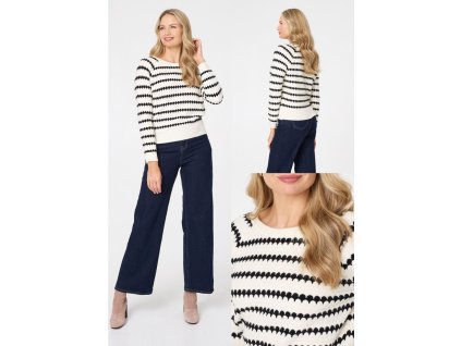 Dámsky pletený pulóver v čierno-bielom prúžkovanom vzore 22739