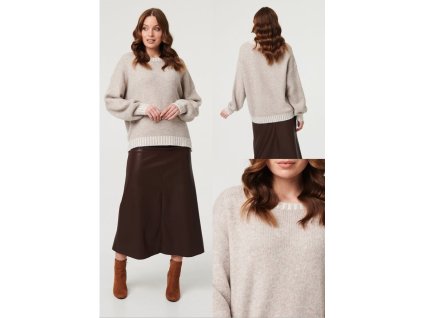 Dámsky nadýchaný pulóver v hnedej farbe s kontrastným lemom 22747