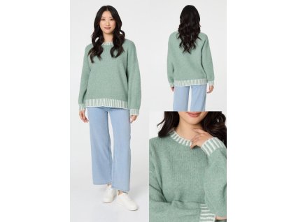 Dámsky nadýchaný pulóver v zelenej farbe s kontrastným lemom 22746