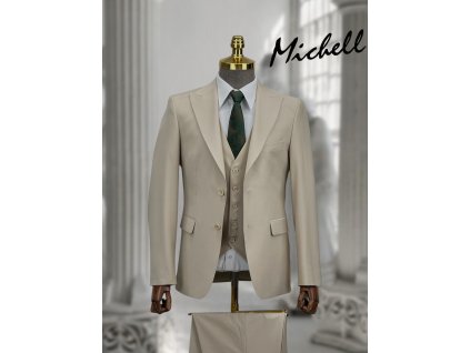 Pánsky elegantný hladký béžový 3-dielny oblek 22800