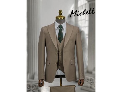 Pánsky elegantný hladký bledohnedý 3-dielny oblek 22796