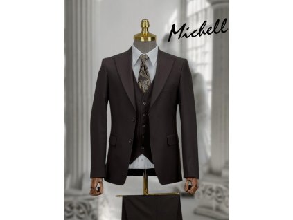Pánsky elegantný hladký tmavohnedý 3-dielny oblek 22797