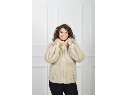 Dámsky hebký béžový kožušinový kabát s kapucňou 22911